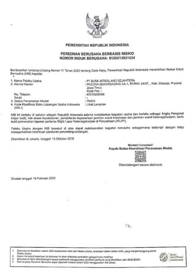 NIB PT BUMI JATIKALANG SEJAHTERA