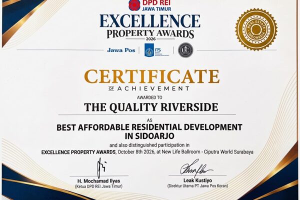 Sertifikat The Quality Riverside Best Affordable Residential Development in Sidoarjo Excellence Property Awards 2026