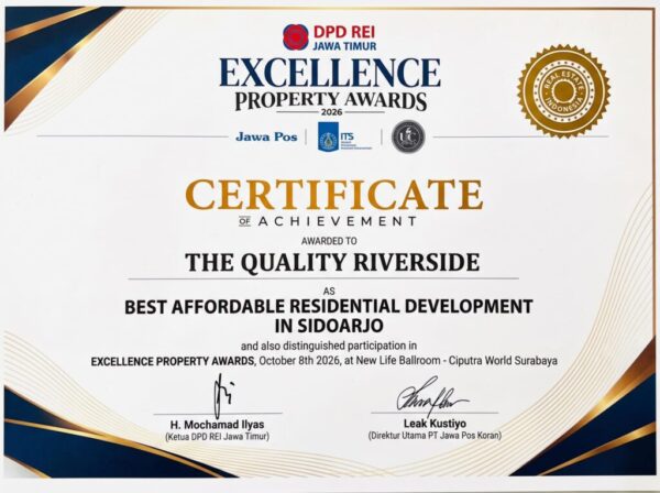 Sertifikat The Quality Riverside Best Affordable Residential Development in Sidoarjo Excellence Property Awards 2026