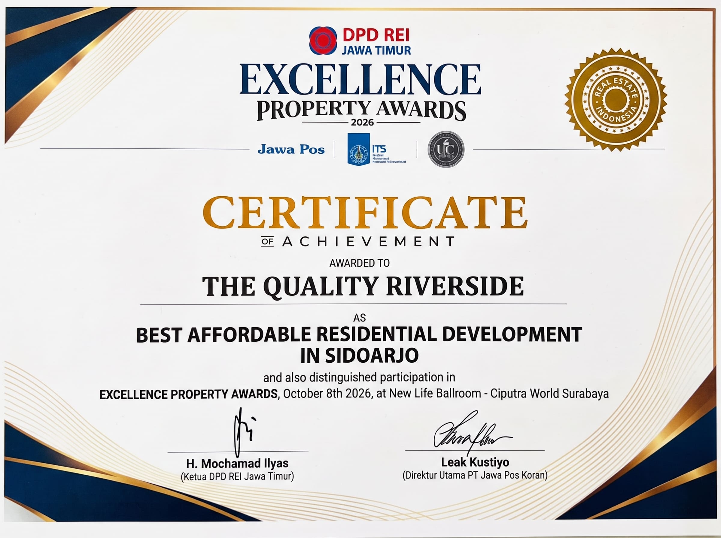Sertifikat The Quality Riverside Best Affordable Residential Development in Sidoarjo Excellence Property Awards 2026