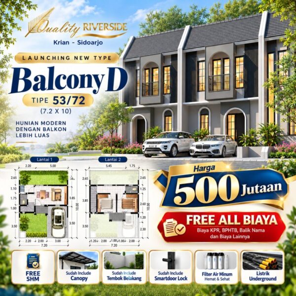 Rumah dengan balkon di Krian tipe Balcony D Quality Riverside