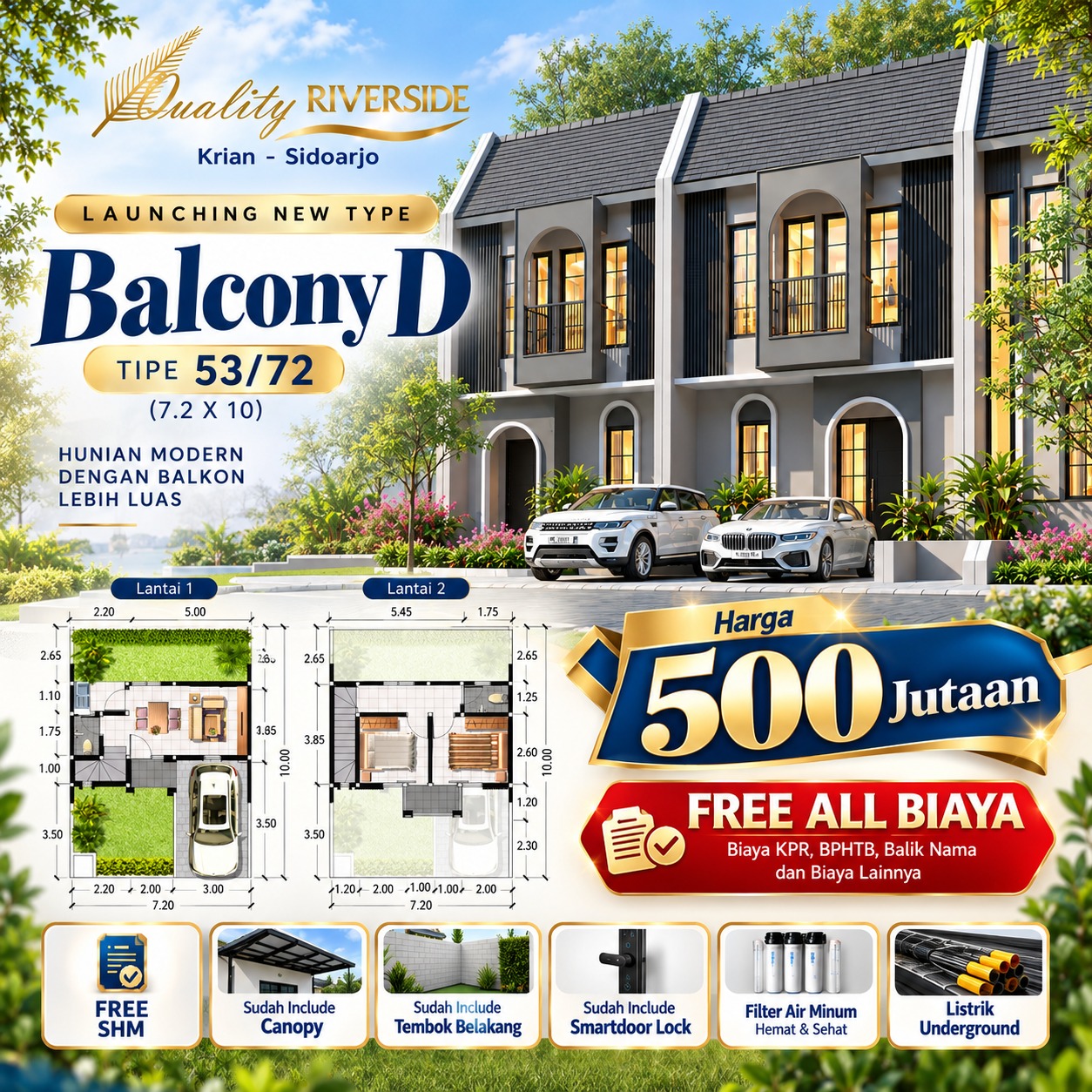 Rumah dengan balkon di Krian tipe Balcony D Quality Riverside